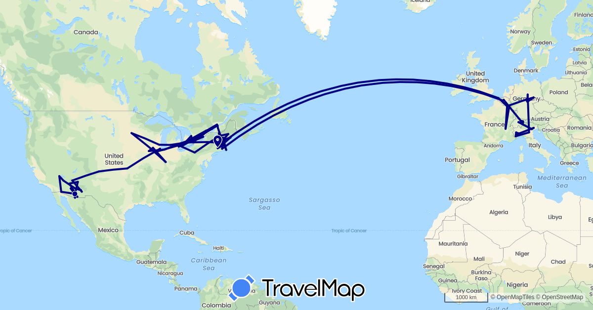 TravelMap itinerary: driving in Belgium, Canada, Switzerland, Germany, France, Italy, Liechtenstein, Luxembourg, United States (Europe, North America)